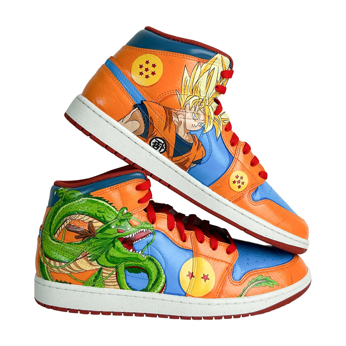 Dragon Ball hand-painted Air Jordan 1 Mid pair with Super Saiyan Goku and Shenron