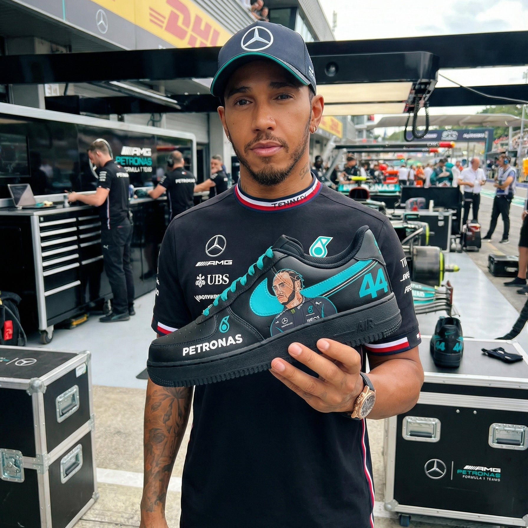 Person holding a black and blue sneaker with Mercedes-Benz and Petronas logos in a Formula 1 garage.