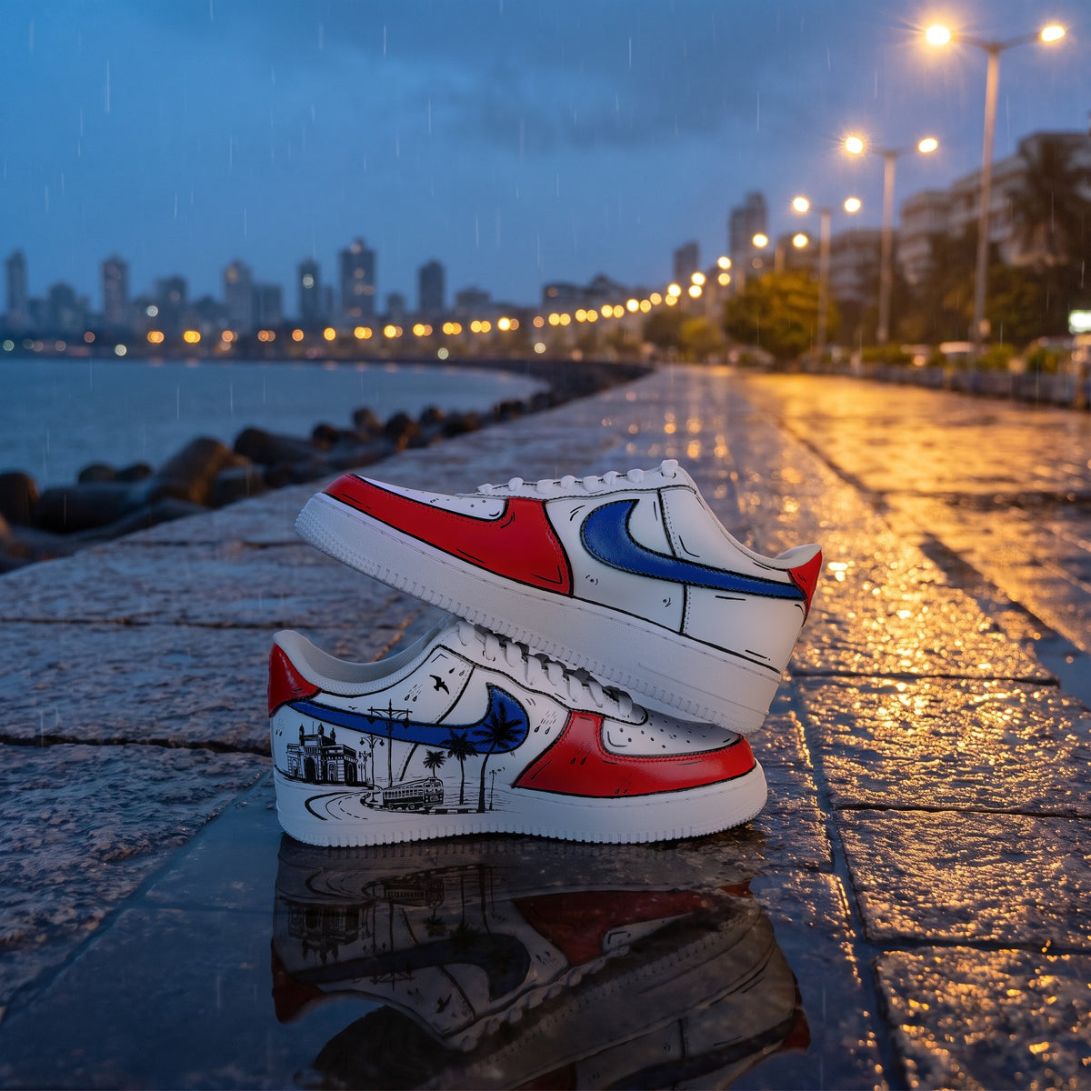 Superman x Mumbai custom AF1 on Marine Drive in the monsoon
