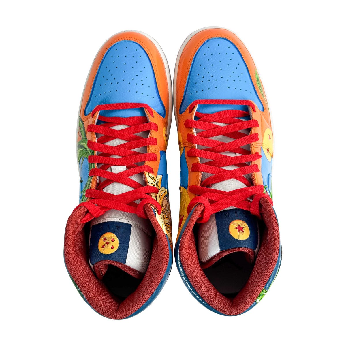 Top view of Dragon Ball custom AJ1 Mids with red laces