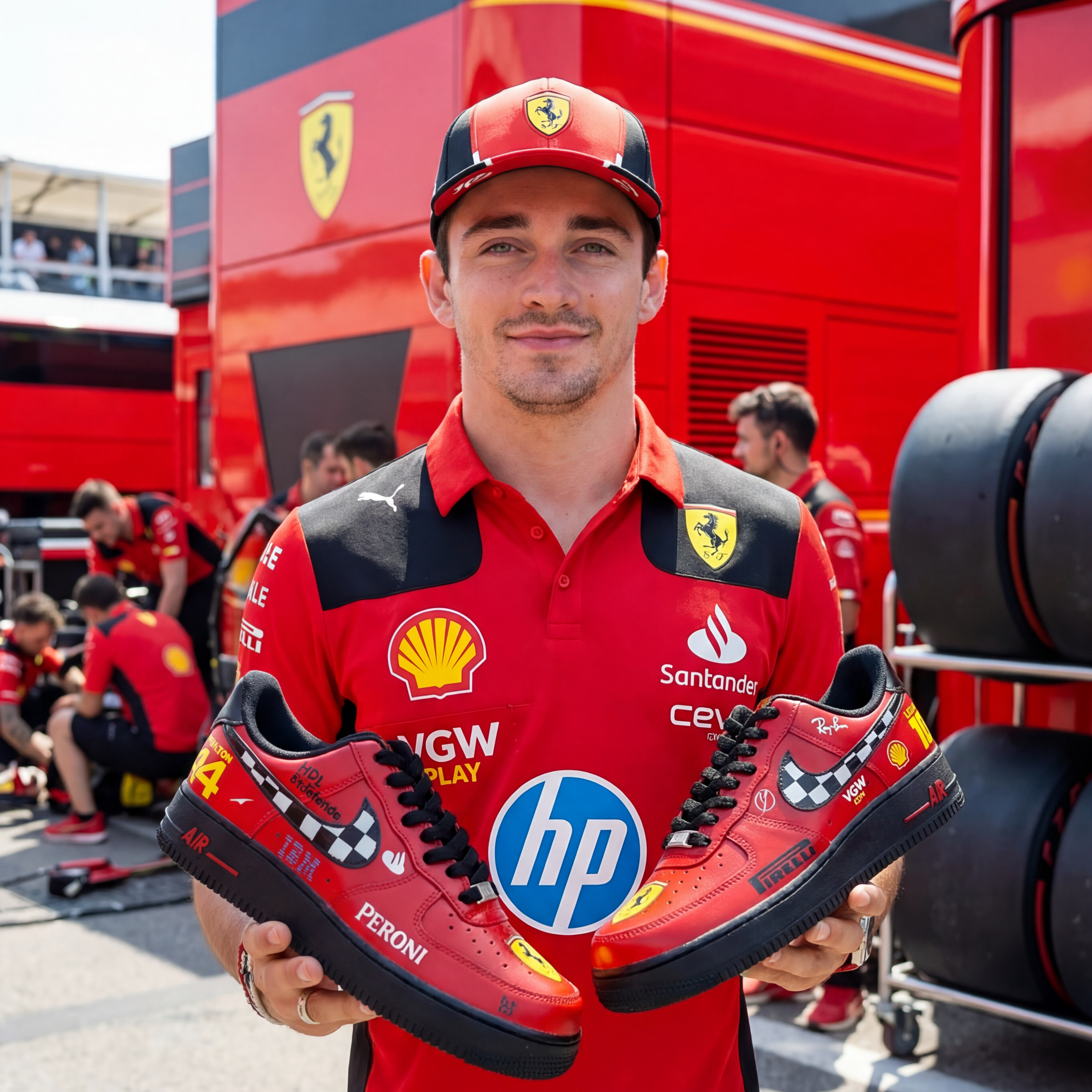 charles leclerc holding red Ferrari custom hand painted racing shoes with sponsor logos in front of a red Ferrari truck