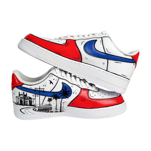 Superman x Mumbai hand-painted Nike AF1 pair with Gateway of India