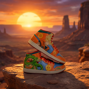 Dragon Ball Shenron hand-painted AJ1 Mid on a rock ledge at sunset